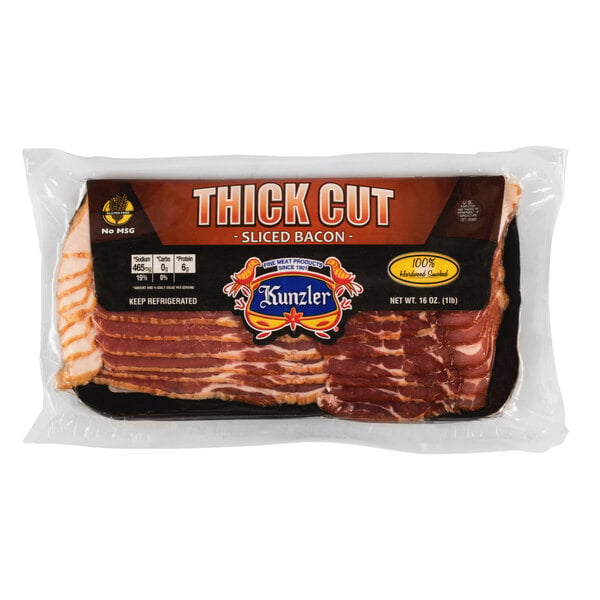 Kunzler 10-12 Count Thick Cut Hardwood Smoked Sliced Bacon 1 lb. - 12/Case