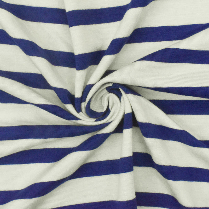 1 Yard Diamond Blue Ivory Stripe Spandex Rayon Modal Jersey Knit Fabric For Dresses And Activewear 58 Inches Width