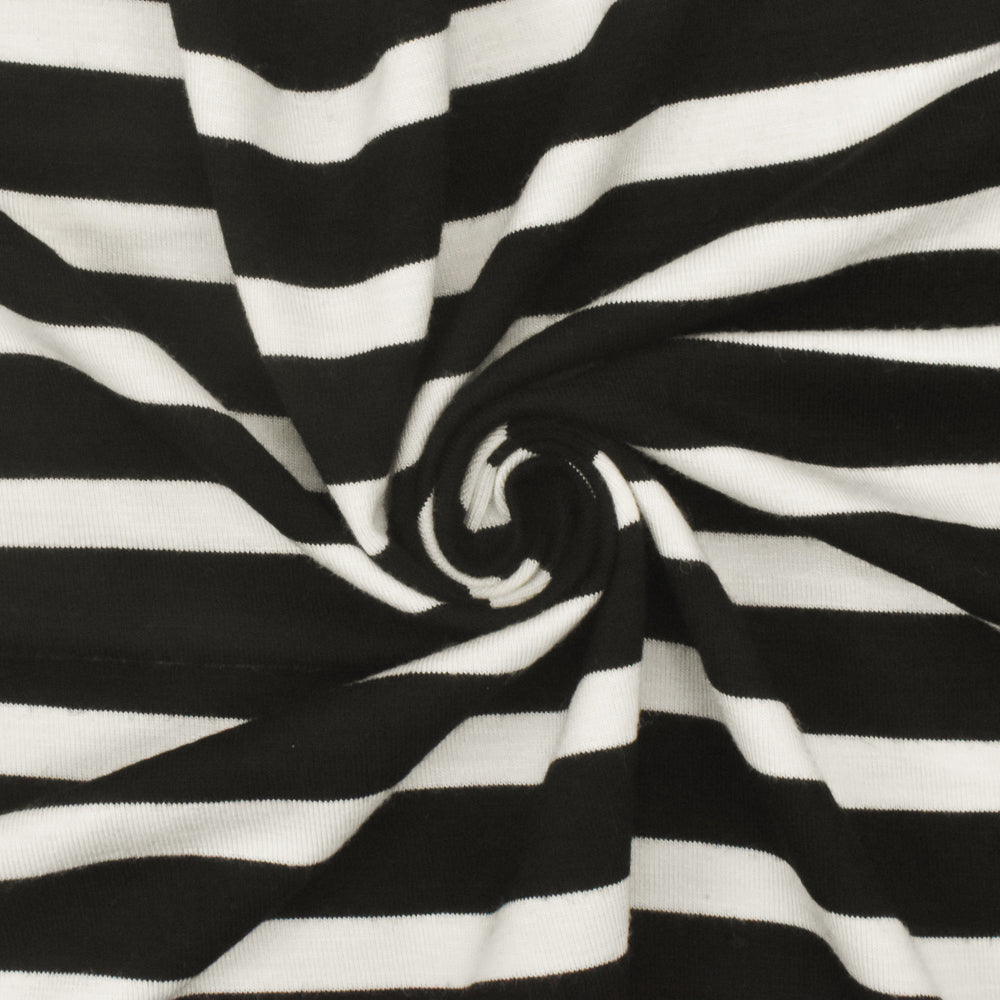 1 Yard Jet Black Ivory Stripe Spandex Rayon Modal Jersey Knit Fabric For Dresses And Activewear 59 Inches Width