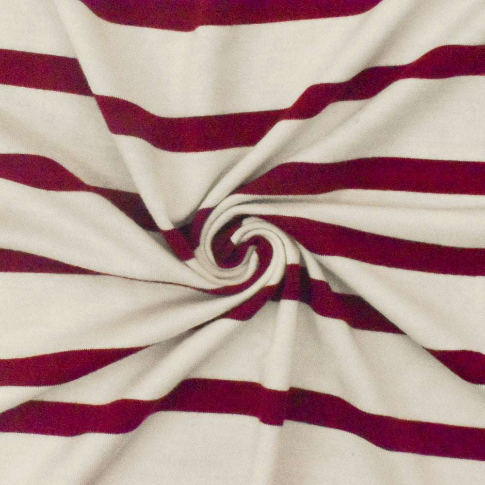 1 Yard Raspberry Red Ivory Stripe Spandex Rayon Modal Jersey Knit Fabric For Blouses And Dresses 58 Inches Width