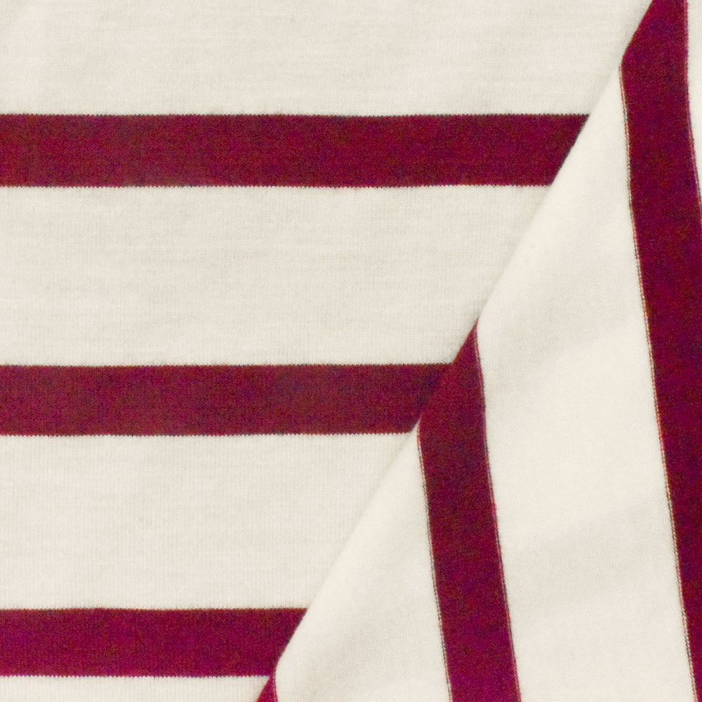 1 Yard Raspberry Red Ivory Stripe Spandex Rayon Modal Jersey Knit Fabric For Blouses And Dresses 58 Inches Width