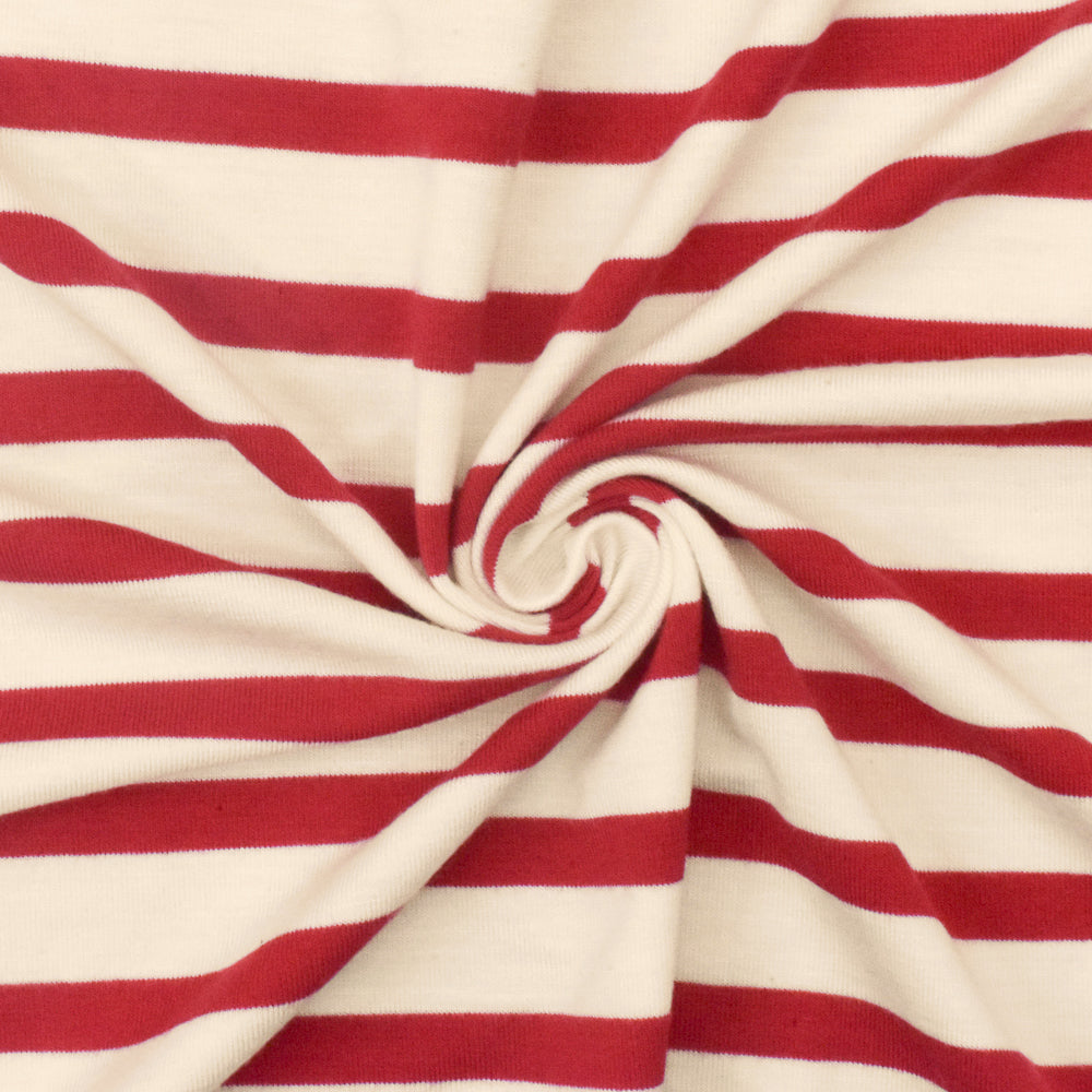 1 Yard Super Red Ivory Stripe Spandex Rayon Modal Jersey Knit Fabric For Activewear And Blouses 58 Inches Width