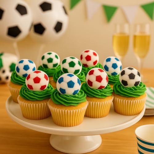 Oasis Supply Edible Soccer Ball Sugar Decorations - 12 Pack | Hand-Painted 1.25" Edible Cake & Cupcake Toppers