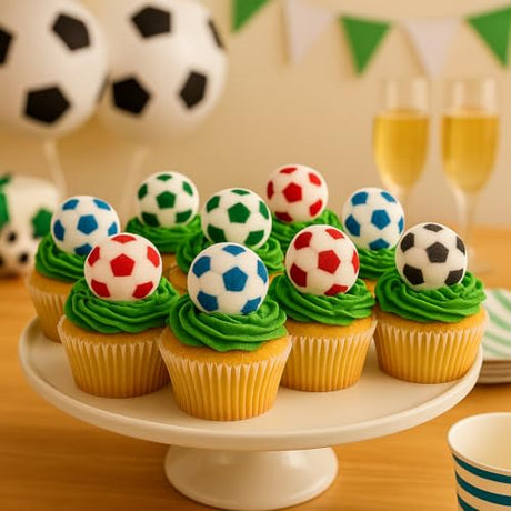 Oasis Supply Edible Soccer Ball Sugar Decorations - 12 Pack | Hand-Painted 1.25" Edible Cake & Cupcake Toppers