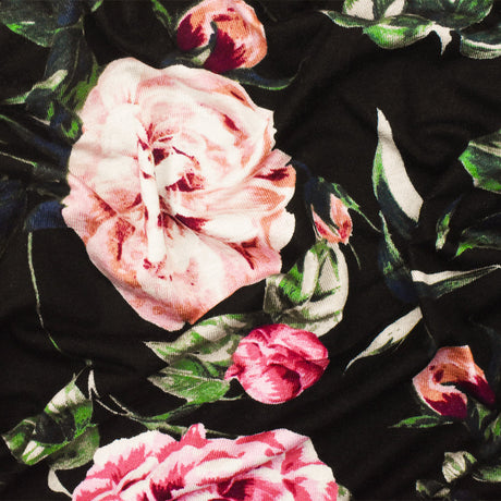1 yarda estampado floral múltiple elástico rayón spandex tela de punto jersey en negro rosa 62" de ancho