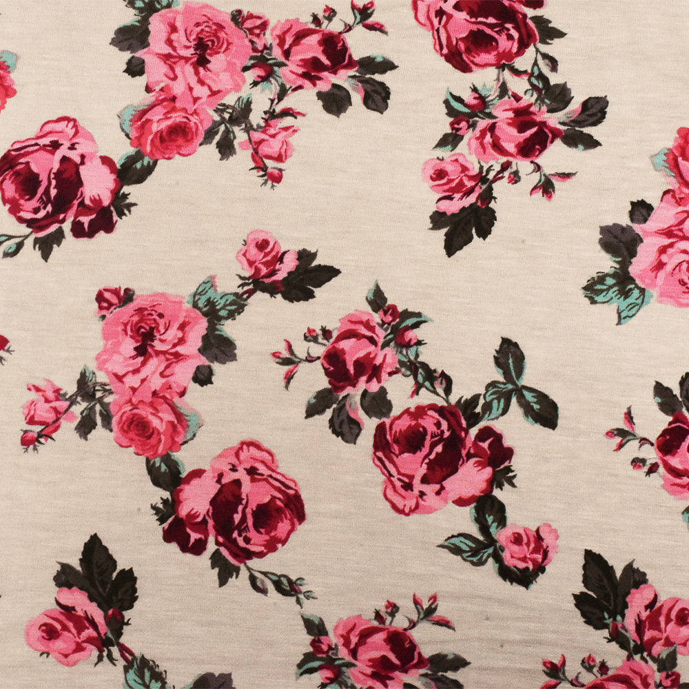 1 Yard Taupe Pink Multi Floral Printed Stretch Rayon Spandex Jersey Knit Fabric Lightweight Activewear 62" Width