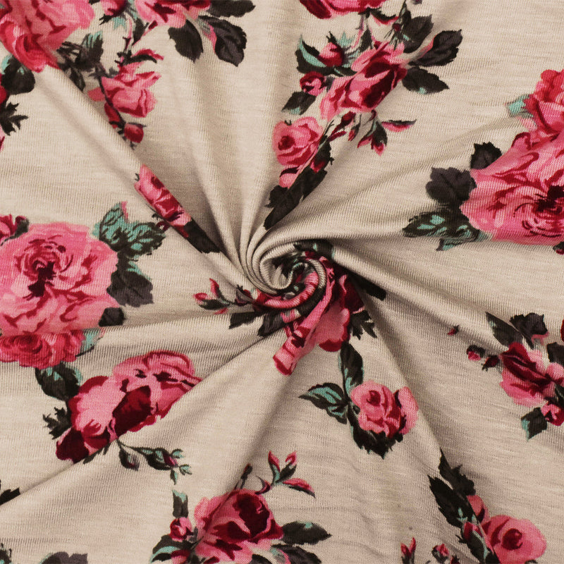 1 Yard Taupe Pink Multi Floral Printed Stretch Rayon Spandex Jersey Knit Fabric Lightweight Activewear 62" Width