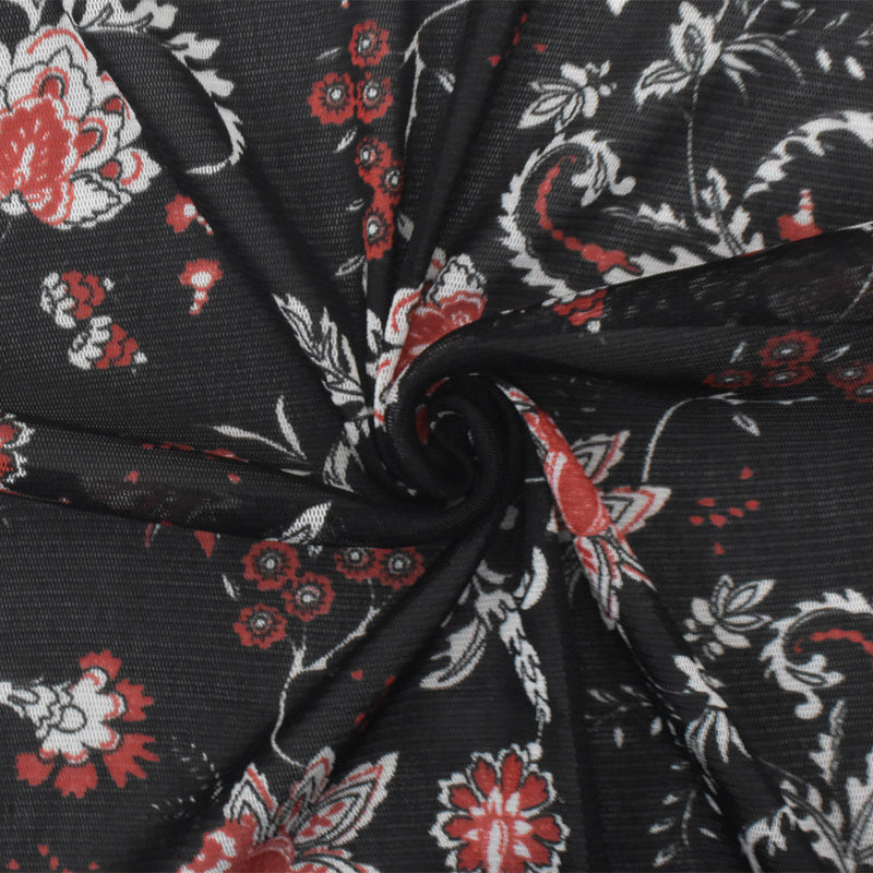 1 Yard Black White Orange Floral Printed Stretch Poly Spandex Mesh Knit Fabric 58" Width