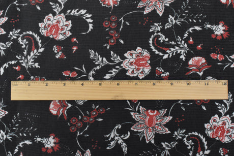 1 yarda de tela de punto malla con mezcla de poliéster y spandex elástica con estampado floral en negro, blanco y naranja, ancho de 58 pulgadas