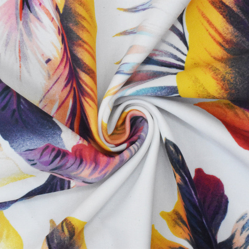 1 Yard White Purple Multi Leaves Printed Stretch Swimwear Fabric, It Suits Performance Garments and Everyday Wear Alike 58" Width