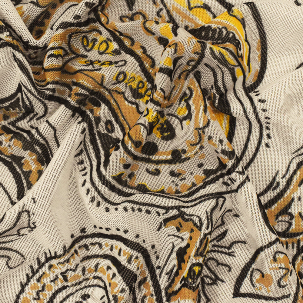 1 Yard Stretchy Poly Spandex Mesh with Yellow Black Beige Paisley Design for Apparel and Costume Projects 64 Inches Width
