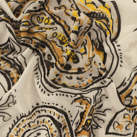 1 Yard Stretchy Poly Spandex Mesh with Yellow Black Beige Paisley Design for Apparel and Costume Projects 64 Inches Width