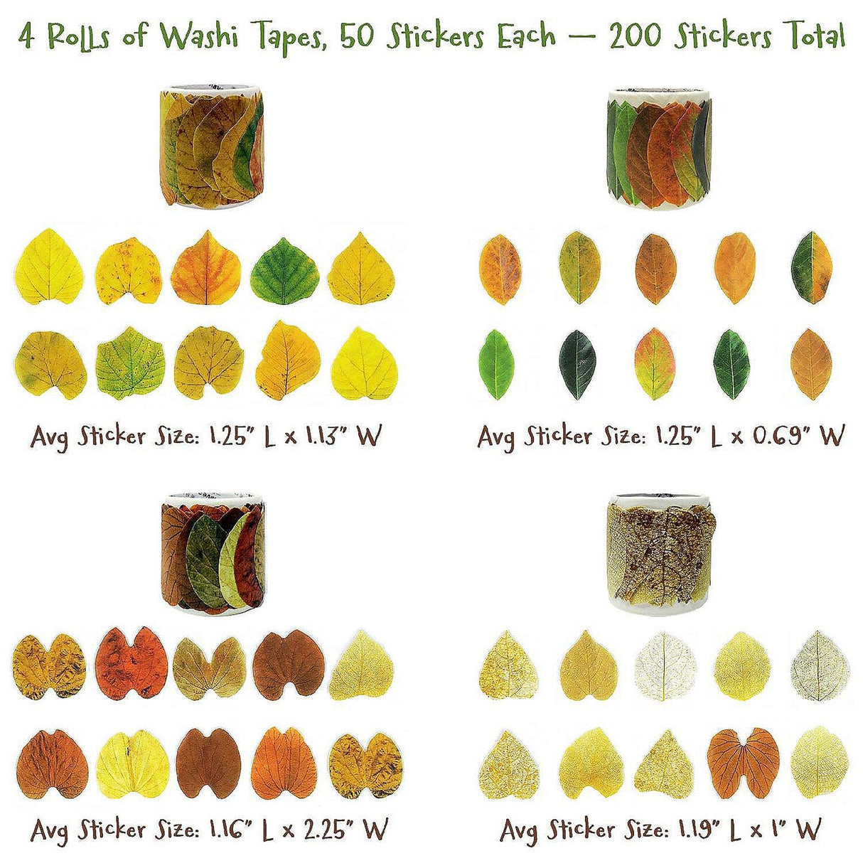 Wrapables Fall Leaves Washi Tapes Stickers 4 Rolls 200 Pc