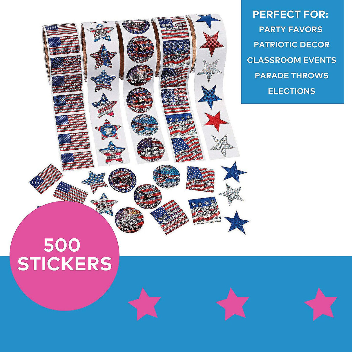 1 1/2" Bulk Classic Patriotic Paper Sticker Roll Assortment 500 Stickers