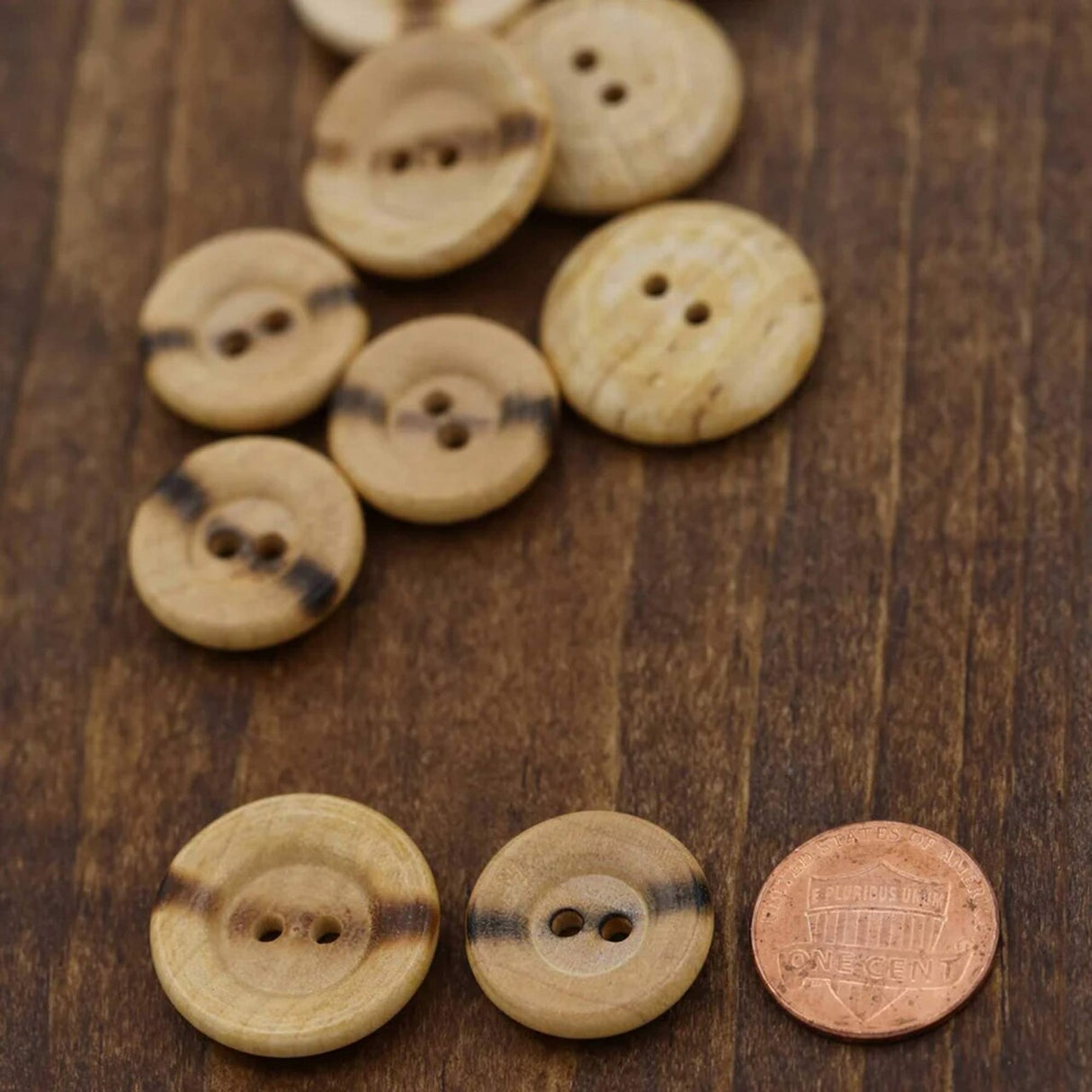 12 Wooden Burnt Center Flat Buttons Two-Hole Wood Shop, 23mm (15/16") Large Size