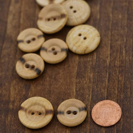 12 Wooden Burnt Center Flat Buttons Two-Hole Wood Shop, 23mm (15/16") Large Size