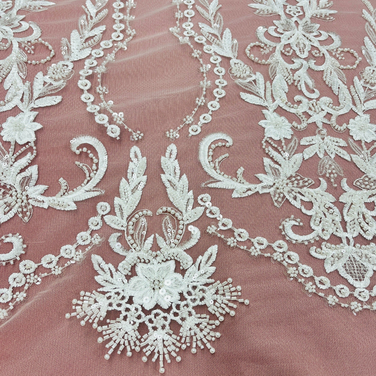 Beaded Lace Fabric on Polyester Net Mesh 50" Wide