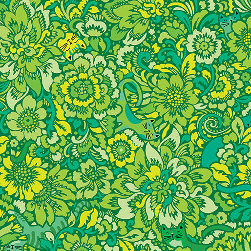 Cotton Print Elegant Kitties Grass Cheeto's World Fabric 44/45"