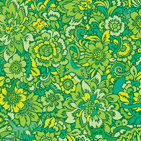 Cotton Print Elegant Kitties Grass Cheeto's World Fabric 44/45"