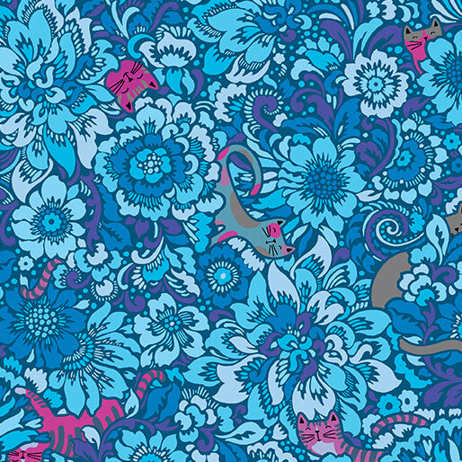 Cotton Print Elegant Kitties Blue Cheeto's World 44/45 Fabric