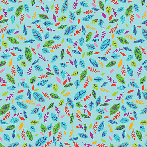 Cotton Print Scattered Leaves Cheeto's World Sky Fabric