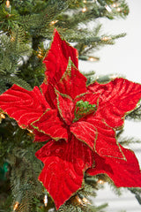 13” x 12" Red & Green Velvet Poinsettia Stem