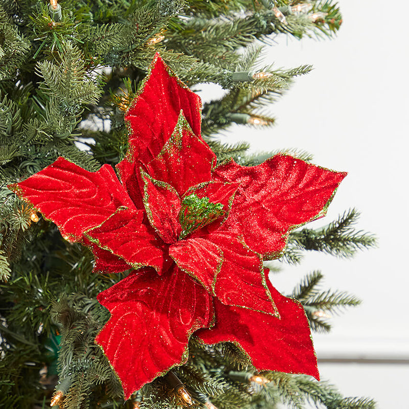 13” x 12" Red & Green Velvet Poinsettia Stem
