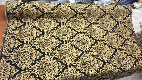 Cleopatra Chenille Damask Print Polyester Fabric - Black/Gold Damask, 56" Width (1 Yard)