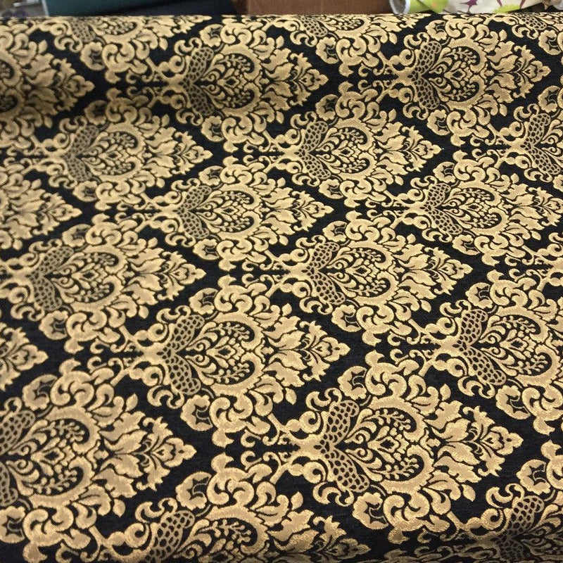 Cleopatra Chenille Damask Print Polyester Fabric - Black/Gold Damask, 56" Width (1 Yard)
