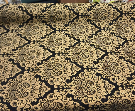 Cleopatra Chenille Damask Print Polyester Fabric - Black/Gold Damask, 56" Width (1 Yard)