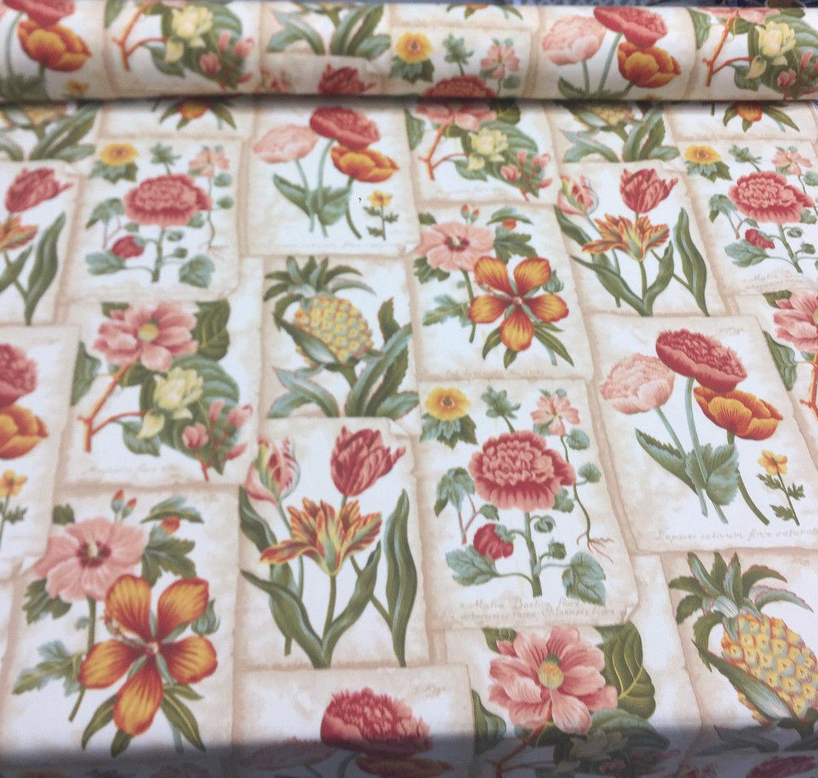 Botanic Garden In Botanical Mount Vernon 100 Percent Cotton Fabric - Floral, Tropical Botanical, Beige/Green/Red, 54" Width (1 Yard)