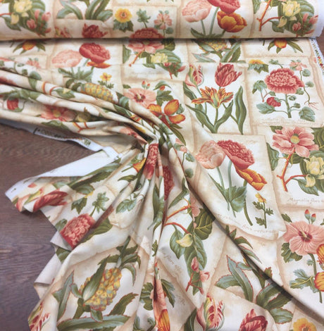 Botanic Garden In Botanical Mount Vernon 100 Percent Cotton Fabric - Floral, Tropical Botanical, Beige/Green/Red, 54" Width (1 Yard)