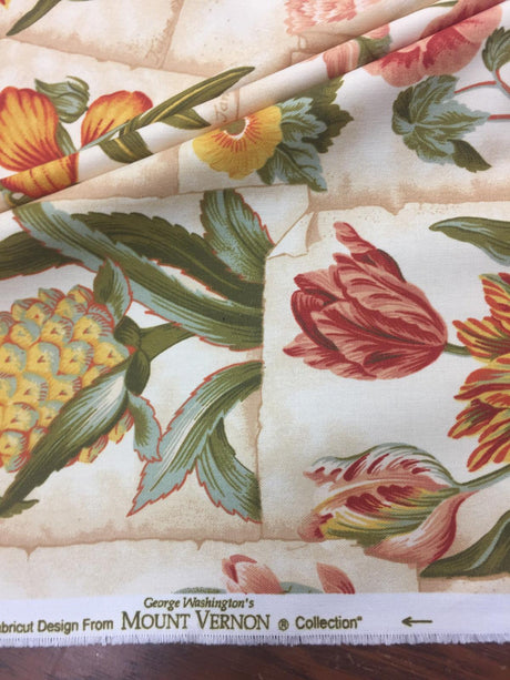 Botanic Garden In Botanical Mount Vernon 100 Percent Cotton Fabric - Floral, Tropical Botanical, Beige/Green/Red, 54" Width (1 Yard)
