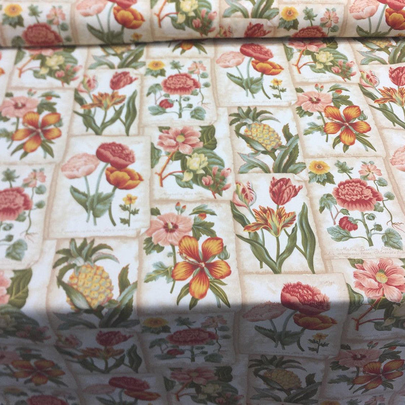Botanic Garden In Botanical Mount Vernon 100 Percent Cotton Fabric - Floral, Tropical Botanical, Beige/Green/Red, 54" Width (1 Yard)