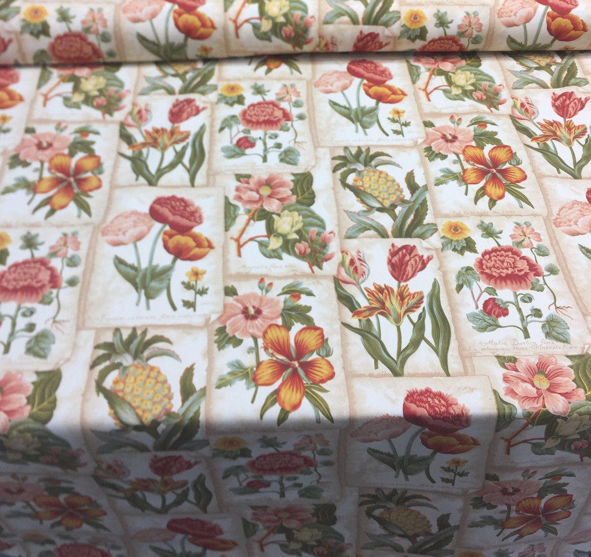 Botanic Garden In Botanical Mount Vernon 100 Percent Cotton Fabric - Floral, Tropical Botanical, Beige/Green/Red, 54" Width (1 Yard)