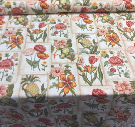 Botanic Garden In Botanical Mount Vernon 100 Percent Cotton Fabric - Floral, Tropical Botanical, Beige/Green/Red, 54" Width (1 Yard)