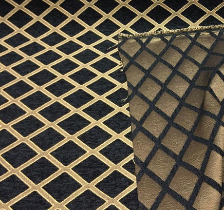 Black Gold Diamond Damask Chenille Upholstery Fabric - Black And Gold Damask, 56" Width (1 Yard)