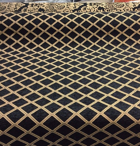 Black Gold Diamond Damask Chenille Upholstery Fabric - Black And Gold Damask, 56" Width (1 Yard)