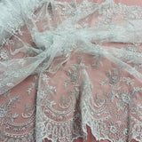 1 Yard Silver Corded Bridal Lace Fabric Embroidered on 100% Polyester Net Mesh – 51"