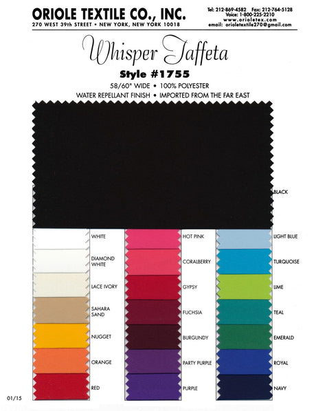Whisper Taffeta Polyester Fabric - Dull Non-Crispy, Multiple Colors, Folded On Board Or Rolled On Tube