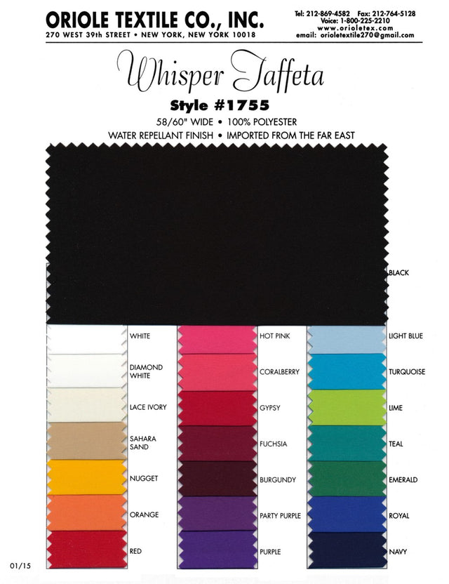 Whisper Taffeta Polyester Fabric - Dull Non-Crispy, Multiple Colors, Folded On Board Or Rolled On Tube