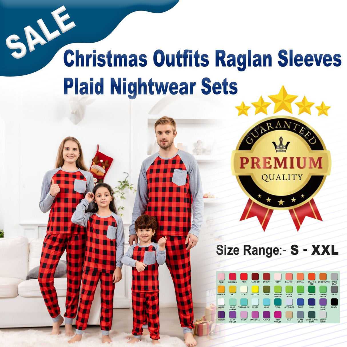 Christmas Outfits Raglan Sleeves Plaid Nightwear Sets