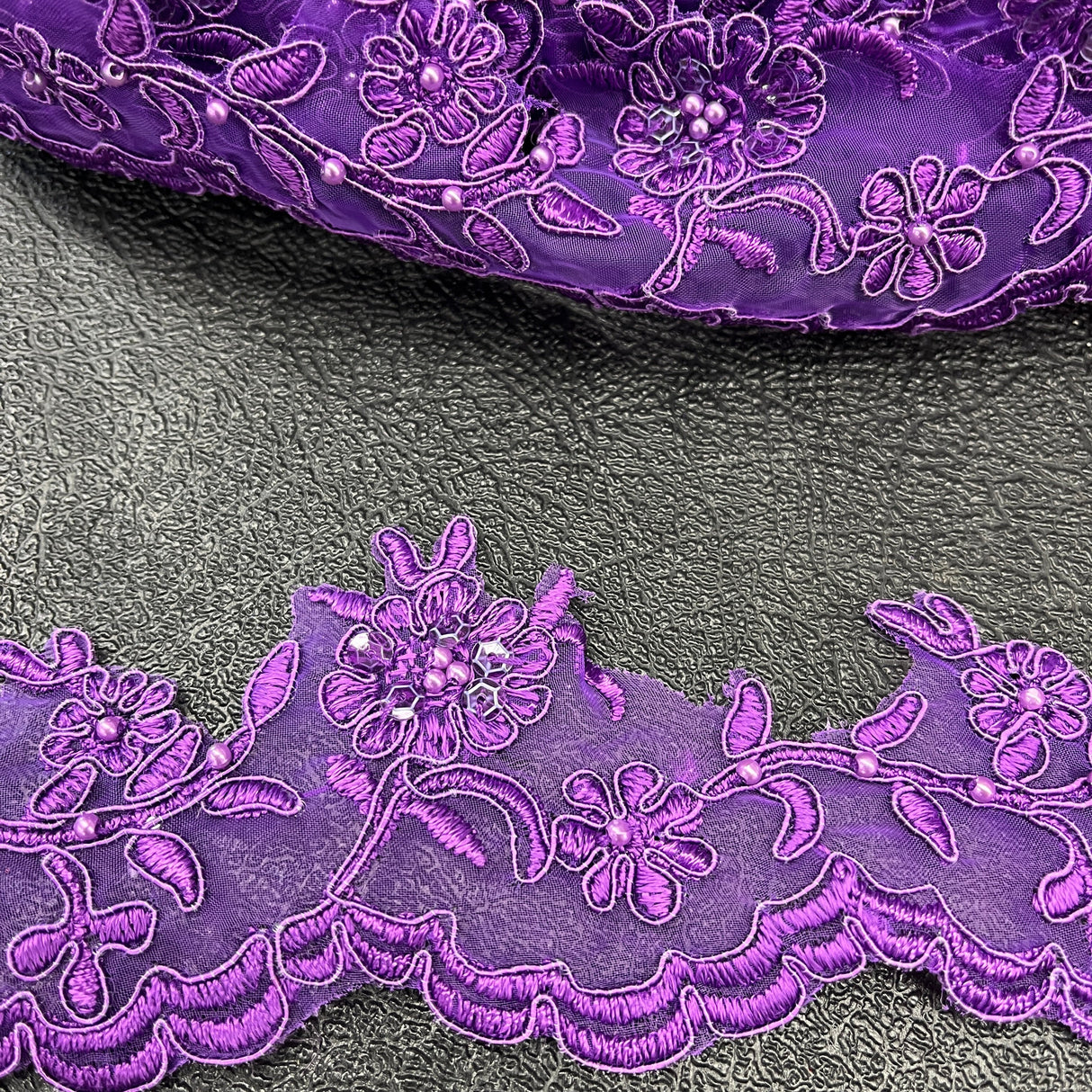Beaded Corded Lace Trimming Polyester Fabric - Floral Scalloped Edge, 2.75" Width (1 Yard)