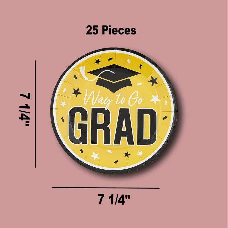 25 Count Yellow Way to Go Grad Disposable Paper Dessert Plates Graduation Supplies 7 1/4 Inch