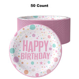 50 Count Pink Birthday Print Paper Plates for Girl Party Supplies Celebration 7 Inch
