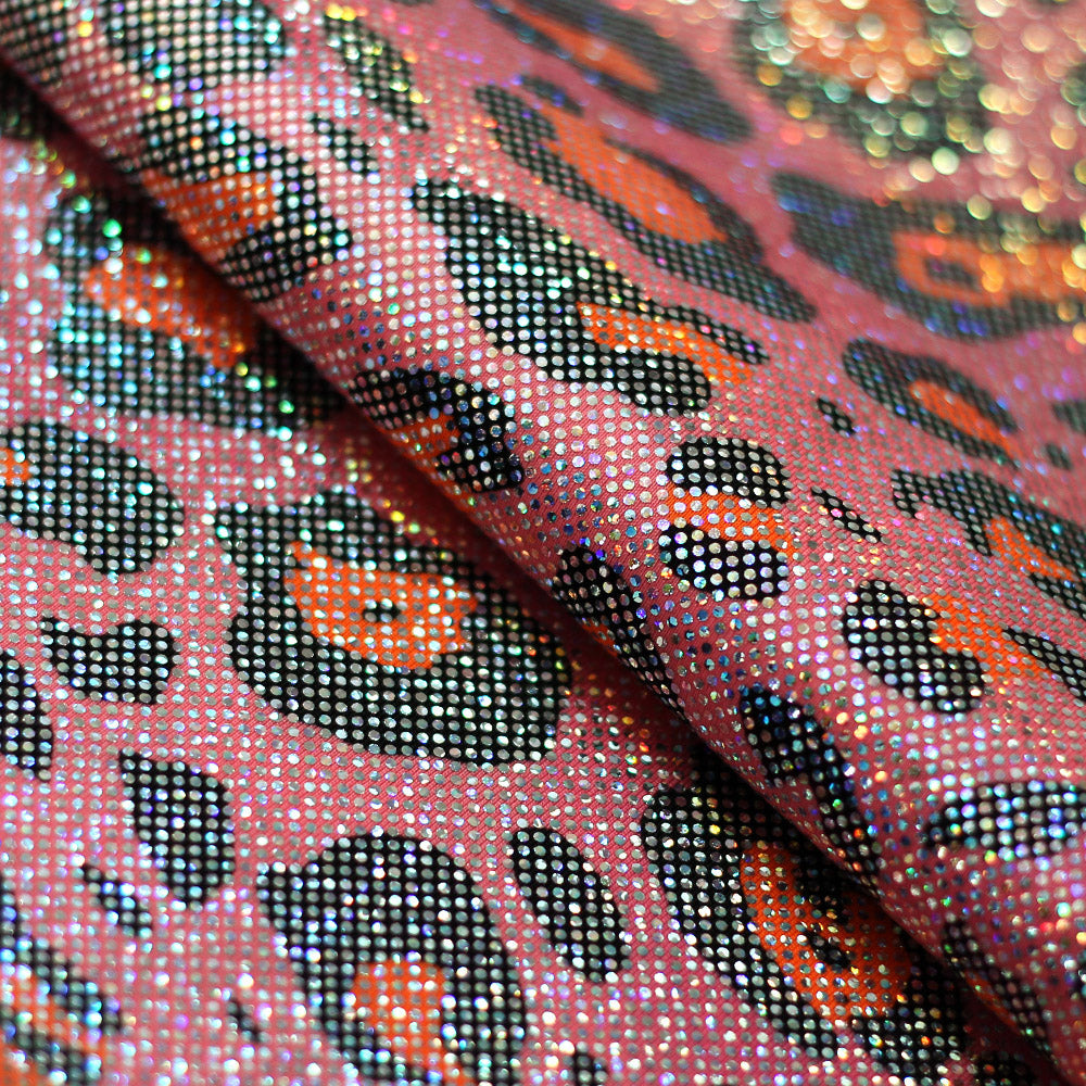 Iridescent Leopard Polyester Spandex Fabric - Pink, Aqua, Orange, Lime, Silver-Black Leopard Print, 58-60" Width, 200 GSM, 4-Way Stretch (1 Yard)