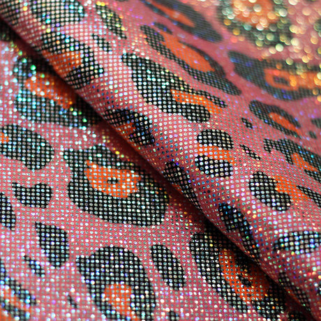 Iridescent Leopard Polyester Spandex Fabric - Pink, Aqua, Orange, Lime, Silver-Black Leopard Print, 58-60" Width, 200 GSM, 4-Way Stretch (1 Yard)