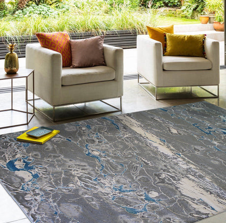 Silver Shimmery Changing Gray Blue Polyester Viscose Blend Area Rug Fabric - Color Changing, Flat Weave, 5' 3" X 7' 5" (1 Rug)