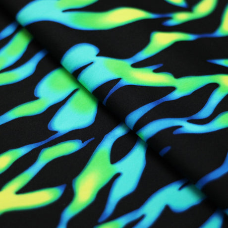 Eye Of The Tiger Nylon Spandex Fabric - Blue/Green Or Pink/Orange Tiger Print On Black, 58/60" Width (1 Yard)