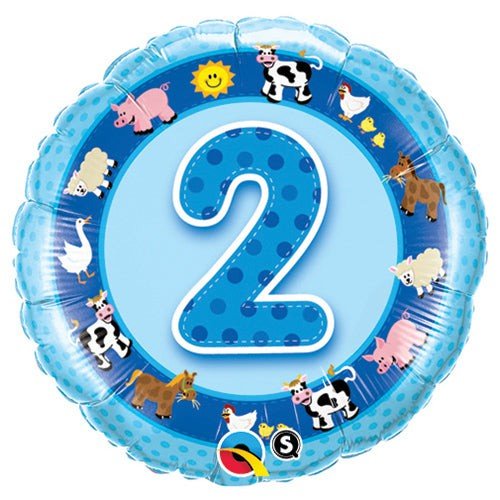 Foil Balloon Age 2 Blue Farm Animals